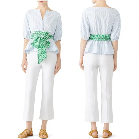 TANYA TAYLOR Blue Striped Blouse w Green Sash Women’s Top - Picture 1 of 14